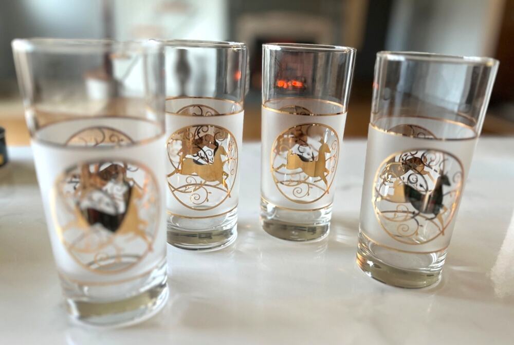 Vintage Culver Gold Reindeer Christmas Highball Glasses - Set Of 4